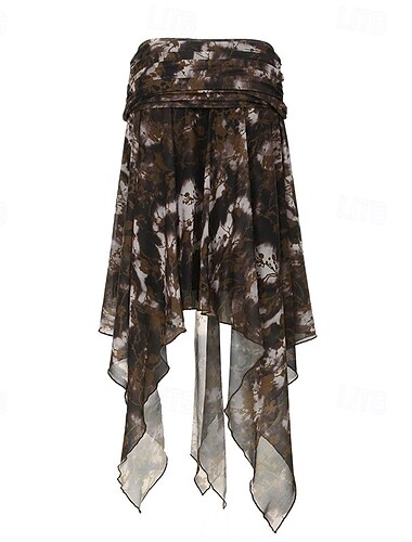  Dames Rok Modieus Boho Midi Medium taille Rokken Bloemig Onregelmatige zoom Afdrukken Micro-elastisch Vakantie Straat Bruin Zomer Polyester