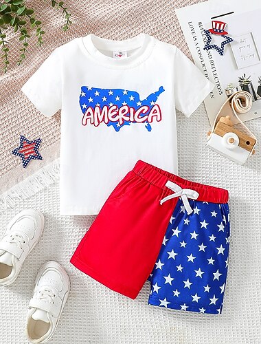  Jungen 3D Buchstabe T-Shirt & Shorts Kurzarm Sommer Mode Kleinkind Ab 4 Jahren Rundhalsausschnitt Outdoor Geburtstag Lässiger Schnitt