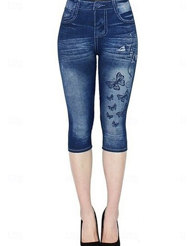  Damen Leggings Capri Hosen 3D Druck Urlaub Vintage Lässig Knöchellang Hohe Taille Blumen Hoher Schnitt Komfort Atmungsaktiv Schnelltrocknend Dehnbar Outdoor Straße Alltag Marineblau Blau Dunkelblau