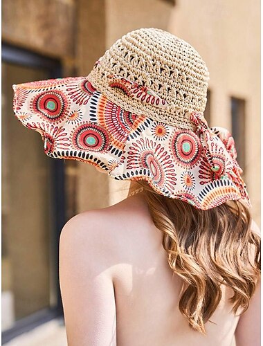  Chapeau de soleil en paille à large bord pour femme avec nœud imprimé ethnique coloré – chapeau de plage pliable de style bohème pour les voyages et les vacances d'été