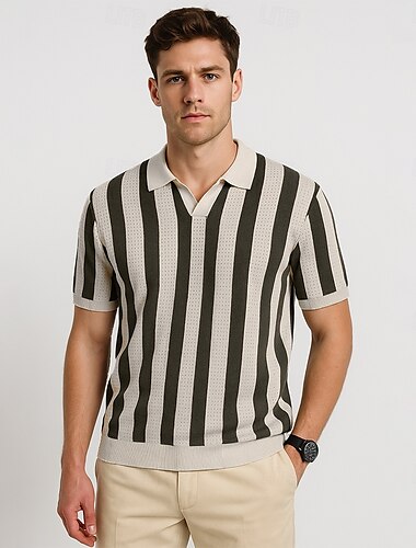  Herren Polo Geschäft Lässig Umlegekragen Kurzarm Gitter Vertikale Streifen V-Ausschnitt Weich Sommer Frühling Herbst Kastanienbraun Dunkelblau Schwarz Dunkelkaffee Polo