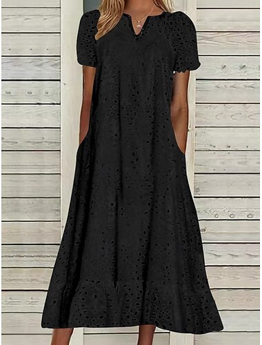  Damen Midikleid A Linie Kleid Sommerkleid Lässig Täglich Normale Passform Einfach Kurzarm V Ausschnitt Schwarz Weiß Fuchsie Sommer
