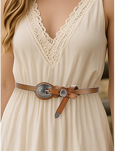  Cinturón de piel sintética tallada estilo occidental para mujer con hebilla plateada vintage para vestidos bohemios, conciertos de verano y bodas campestres.