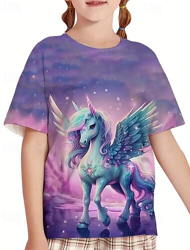  Ragazze 3D Unicorno Maglietta Manica Corta Estate Primavera Moda Essenziale Bambini 4-12 Anni Girocollo All'aperto Casuale Quotidiano Vestibilità regolare