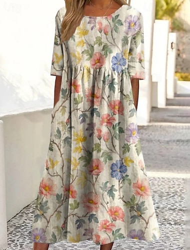  Femmes Robe Midi Robe Décontractée Robe Fleurie Classique Moderne Extérieur Quotidien Fête Coupe régulière Fleur Manche Courte Col ras du cou Jaune Bleu Fuchsia Abricot Été
