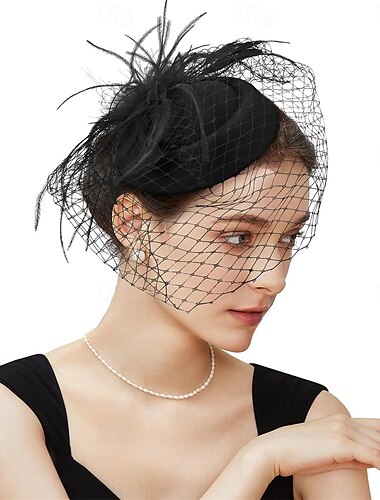  Sombrero fascinador con velo y plumas para fiesta de té, velo de novia, sombrero retro, sombrero Derby tipo pastillero para mujer.