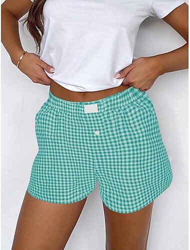  Damen Shorts Chinos Urlaub Fashion Streetwear Kurz Hohe Taille Kariert Tasche Elastischer Bund Druck Bequem Weich Komfortabel Mikrostretchig Außen Straße Schwarz Gelb Wein Grün Sommer Regulär