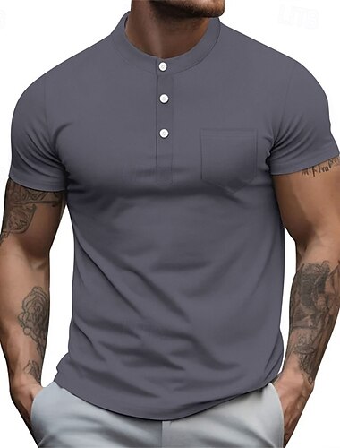  Herren T Shirt Henley Hemd T-Shirt Kurzarmshirt Kurzarm Henley Sommer Farbblock Mode Designer Basic Tasche Urlaub Straße Ausgehen Schwarz Weiß Marineblau Top T-Shirt für Herren
