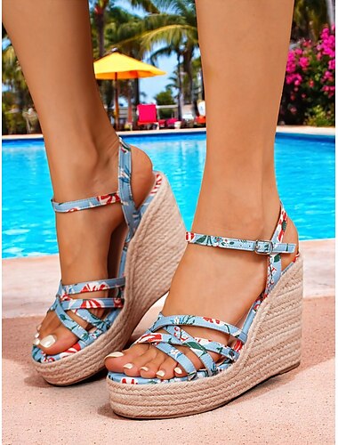  sandálias femininas de salto alto com tiras e estampa floral, com tira ajustável no tornozelo, confortáveis e estilosas para o verão, praia e férias