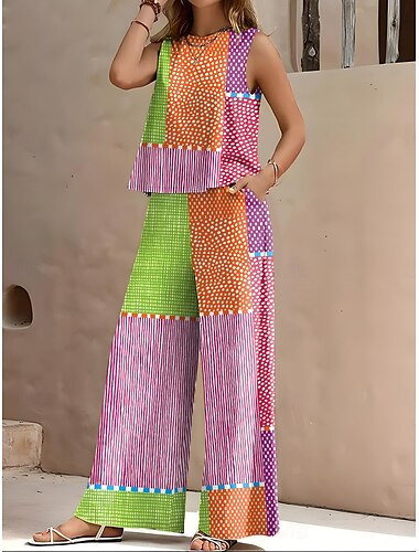  Conjuntos de 2 piezas vintage y diarios para mujeres conjuntos de dos piezas elegantes sin mangas cuello redondo gráfico geométrico a rayas trabajo formal de oficina rosa azul marrón verano ajuste