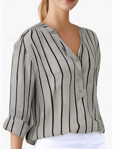  Mujer Camisa A Rayas Elegante Casual Manga Larga Cuello Camisero Tops regulares Diario Botones Estampado Negro Blanco Gris Claro Azul claro Verano Primavera