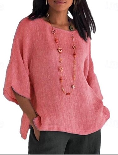  Dames Overhemd Katoenen linnen overhemden Katoenen linnen overhemd Blouse Effen Kleur Stijlvol Casual 3/4 mouw Strakke ronde hals Normale tops Werk Dagelijks Uitgaan Lapwerk Geel Blozend Roze blauw