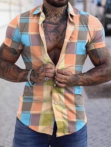  Herre Skjorte Sommerskjorte Uformell skjorte Strandskjorte Skjorte med knapper Rosa Oransje Grønn Lyseblå Kortermet Ruter Knaphul Feriereise Hawaiisk Klær Polyester Mote Fritid Bekvem