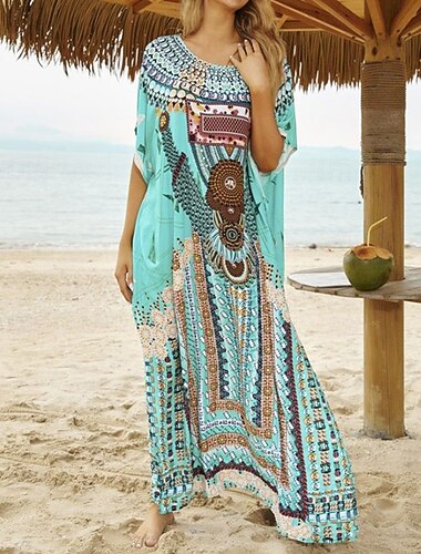  Women's Swimwear Cover Up Swimsuit Tropical Beach Wear Flower Round Neck Short Sleeves Bathing Suits