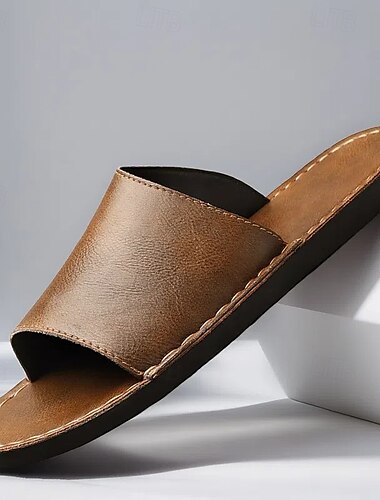  Sandales à enfiler en similicuir marron pour homme au design minimaliste, confortables à enfiler pour adultes, parfaites pour la détente en intérieur, tenue décontractée au quotidien, utilisation en spa à l'hôtel
