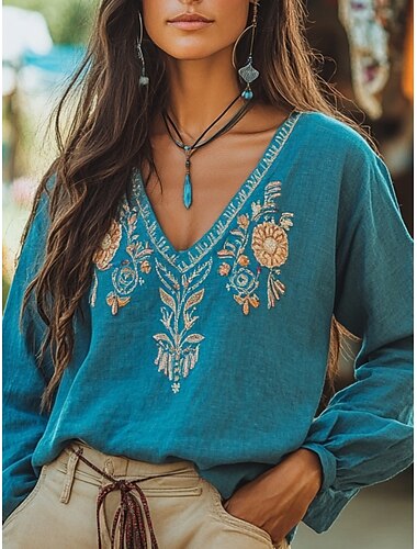  kvinnors westernblus bohemisk skjortblus blommig modern casual långärmad v-ringad normal toppar daglig helgdag utekväll tryck blå sommar höst