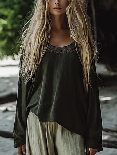  Femmes Chemises en coton et lin Chemisier occidental Uni Bohème ancien Boho manche longue Col ras du cou Hauts Réguliers Quotidien Fête Patchwork Vert Véronèse Été