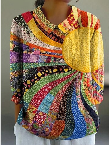  Mulheres Camisa Social Gráfico Geométrica Boêmia Diário à moda Manga Longa Colarinho de Camisa Tops regulares Diário Botões Imprimir Amarelo Azul Cáqui Verão Primavera