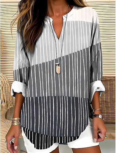  Damen Bluse Grafik Geometrisch Gestreift Elegant Täglich Stilvoll Langarm V Ausschnitt Normale Oberteile Täglich Ferien Druck Denim Blue Blau Dunkelgray Sommer Frühling