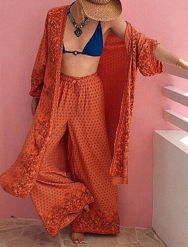  Damen Aktiv Mode Bluse Hosen-Sets Langarm V Ausschnitt Blumen Druck Täglich Date Orange Sommer Normale Passform