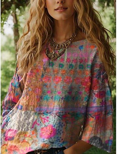  Damen Bluse Blumen Grafik Bohemien Täglich Ethnisch Dreiviertelarm Rundhalsausschnitt U-Boot-Ausschnitt Normale Oberteile Täglich Ferien Urlaubskleidung Druck Staubiges Blau Purpur Orange Grün Leicht