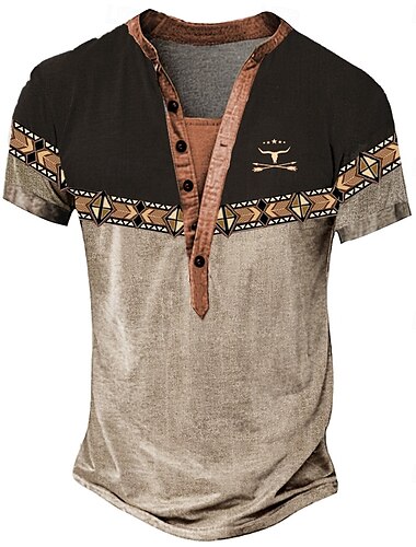  Homme Tribal Ethnique T-shirt Chemise Henley Manche Courte Designer Basique Classique Extérieur Occasionnel Quotidien Été Marron foncé bleu marine Col Henley Henley T-shirt Henley