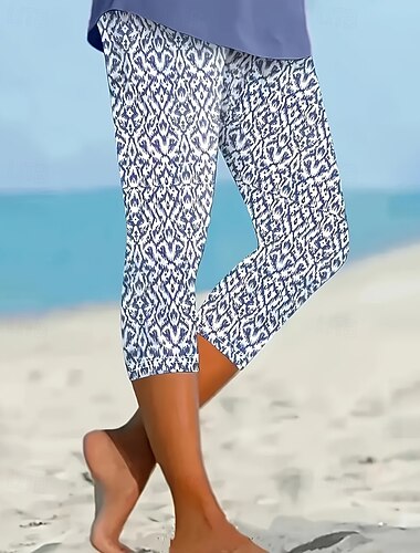  Femmes Pantalon capri Leggings Occasionnel Boho Longueur mollet Naturel Fleuri Taille Élastique Imprimé Confortable Extérieur Rue Sortir Bleu Été Coupe régulière
