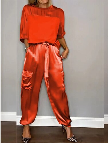  Damen 2 Teile Fashion Streetwear Daily Hosen Sets 3/4 Länge Ärmeln Rundhalsausschnitt Einfarbig Lässig Daily Schwarz Weiß Rot Sommer Reguläre Passform