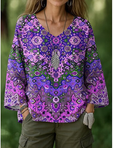  Damen Bluse Grafik Geometrisch Bohemien Vintage Tropisch Langarm V Ausschnitt Normale Oberteile Druck Rote Purpur Grün Rosa Sommer Frühling
