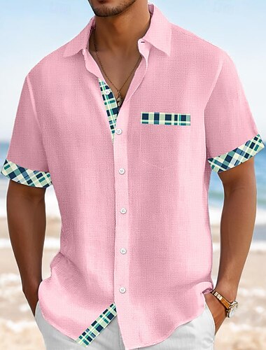  Per uomo Camicia Camicia di lino Camicia Estiva Abbigliamento da spiaggia Camicia con Bottoni Tinta unica Vacanza Crociera Bianco Rosa Blu marino Verde Manica Corta Colletto Estate Primavera & Estate