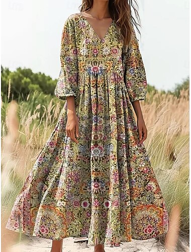  Damen Maxikleid Sommerkleid A Linie Kleid Faltenkleid Urlaub Lässig Boho Täglich Ferien Ausgehen Lässiger Schnitt Blumen Grafik Dreiviertelarm V Ausschnitt Gelb Purpur Orange