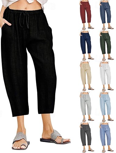  Mujer Pantalones de lino y algodón Pantalones Capri pantalones Ropa de calle Casual Medio corto Cintura Media Plano Bolsillo Diseño de cordón elástico Confortable Al Aire Libre Exterior Vacaciones