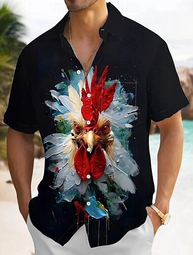  Herren Tiermotiv Hahn Hemd Sommer Hawaiihemd Knopfhemd Kurzarm Hawaiianisch Ferien Strandbekleidung Sommer Frühling Umlegekragen 3D-Druck Hemden mit Kragen Eine Tasche vorne Schwarz