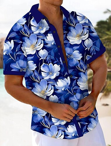 Herren Blumendruck Blumen Hemd Sommerhemd Knopfhemd Kurzarm Modisch lässig Outdoor Urlaub Alltagskleidung Sommer Frühling Umlegekragen 3D-Druck Hemden mit Kragen Dunkelblau