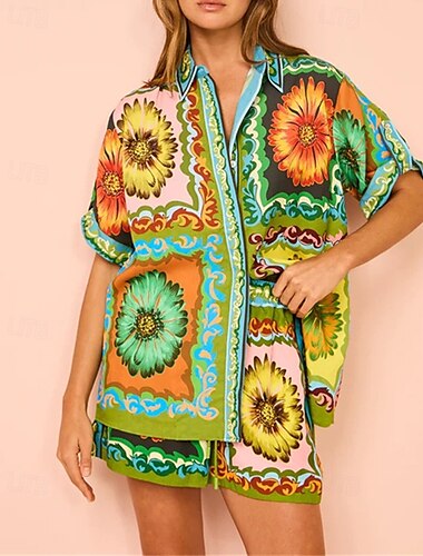 Damen Mode Streetwear Baumwoll-Leinen-Sets Shorts-Sets Kurzarm Hemdkragen Blumen Druck Alltagskleidung Date Grün Sommer Normale Passform