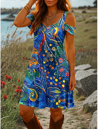  Dames Mini-jurk A lijn jurk Zomerjurk Vakantie Casual Dagelijks Feestdagen Normale pasvorm Grafisch Abstract Korte mouw V-hals Rood blauw Groen Zomer