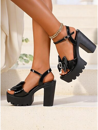  Schwarze Lack-Plateau-Sandalen für Damen mit dickem Absatz – Schuhe mit offenem Zehenbereich und Knöchelriemen mit Schleifendekor für Erwachsene, für das tägliche Date &zwangloser Ausflug