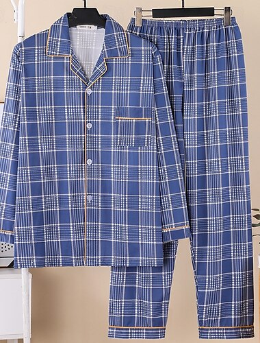  Hombre Pijama Conjunto pijama Top y pantalón de pijama 1 juego Plaid Moda Elegante Clásico Hogar Diario Cama Poliéster Comodidad Suave Diseño Manga Larga Cardigan Pantalón Cintura elástica Primavera