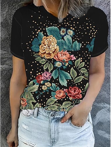  Damskie Podkoszulek Letnie szczyty Kwiaty Graficzny Klasyczny Codzienny Krótki rękaw Półgolf Crop Topy Codzienny Weekend Nadruk Tęczowy Lato Wiosna Jesień