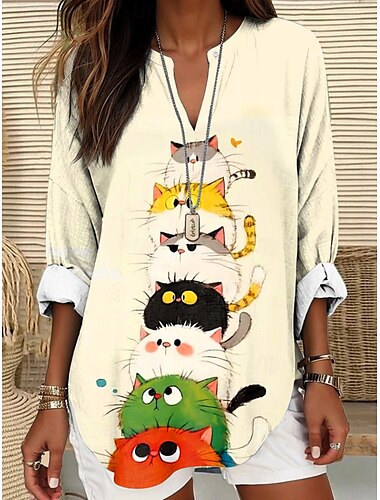  Damen Sommeroberteile Grafik Tiermotiv Katze Vintage Tropisch Hawaiianisch Langarm V Ausschnitt Normale Oberteile Täglich Ferien Strandbekleidung Druck Weiß Gelb Beige Sommer Frühling