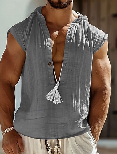 Herren Hemd Leinenhemd Wikinger-Stil Popover-Hemd Sommerhemd Strandbekleidung Einfarbig Urlaub Heim Schwarz Marineblau Himmelblau Grün Ärmellos Kapuzenpullover Sommer Frühling Bekleidung
