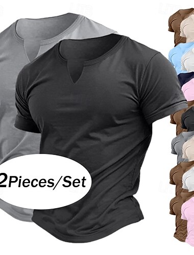  Camiseta de mezcla de algodón para hombre, paquete de 2, manga corta, cuello redondo, cuello en V, verano, para todas las estaciones, lisa, moda clásica, informal, 2 piezas, camiseta deportiva