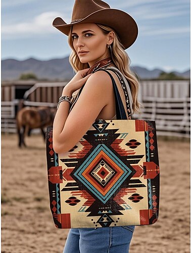  Große bedruckte Damen-Tragetasche mit Reißverschlusstasche, Bohemian-Tribal-Muster, strapazierfähige Polyester-Umhängetasche für Reisen, Einkaufen und den täglichen Gebrauch