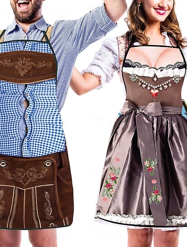  Paar 2-teilige Oktoberfestschürze Oktoberfestparty Paar Dirndl mit verstellbaren Bindeseilen Kochen Gartenarbeit Grillen Backen Lustige Kostüme Münchner Wiesn Halloween Karneval