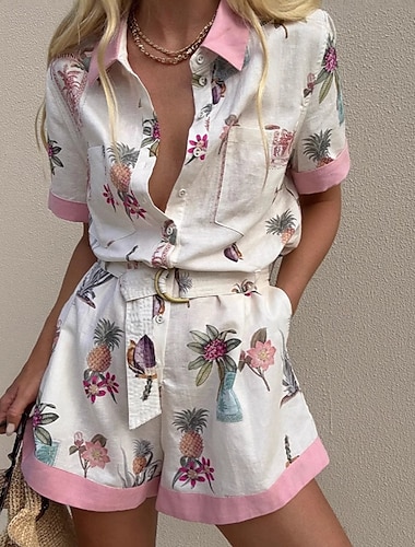  Per donna Normale Pagliaccetto Attivo Floreale Manica Corta Corte Pantaloncini larghi Colletto a Camicia Tasca Con Cintura Streetwear Quotidiano Vestibilità regolare Rosa Estate