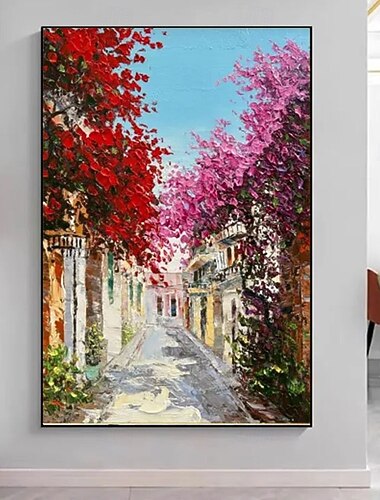  Hand-Painted Mediterranean Alley Oil Painting - Blooming Bougainvillea  Golden forest oil painting handmade autumn oil painting landscape paintings  Wall Art for Living Room Decor
