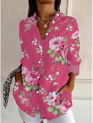  Women's Shirt Floral Graphic Vintage Tropical Daily Long Sleeve Shirt Collar Regular Tops Work Daily Holiday Buttons Print Rose Pink Summer Spring