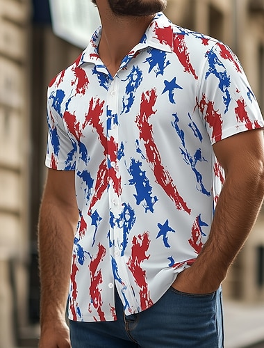  Nationalfeiertag Herren Patriotisch Französische Flagge Hemd Sommerhemd Knopfhemd Kurzarm Modisch lässig Ferien Festival Sommer Frühling Umlegekragen 3D-Druck Hemden mit Kragen Weiß 1 Weiß