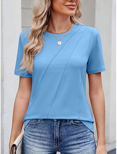  قميص تيشيرت النساء بلون صلب بسيط كلاسيكي عصري غير رسمي بأكمام قصيرة برقبة دائرية Tops يومية نهاية الأسبوع أخضر حكيم أسود أبيض وردي أزرق سماوي صيف
