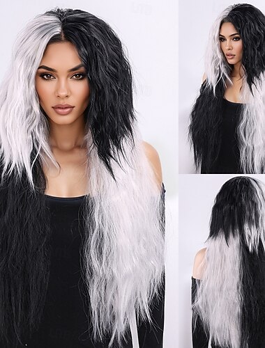  Synthetische Perücken Curly Webart Mikro Locs Stufenschnitt Mit Pony Maschinell hergestellt Perücke Lang 28 Zoll A1 Synthetische Haare Damen Klassisch Bequem Farbverläufe Schwarz Weiß